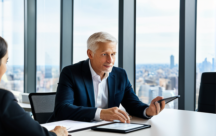 A professional male angel investor, mature and wise, fully clothed in a modest dark business suit, actively listening and engaging with a younger, passionate female entrepreneur, fully clothed in appropriate business casual attire. They are seated at a modern, polished conference table in a bright, contemporary office space with large windows overlooking a city skyline. The entrepreneur is presenting an idea, gesturing subtly towards a digital tablet showing abstract data visualizations. The atmosphere is collaborative and focused, highlighting mentorship and shared vision. Perfect anatomy, correct proportions, natural pose, well-formed hands, proper finger count, natural body proportions, professional photography, high quality, safe for work, appropriate content, family-friendly.