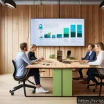 Home 21 앤젤 투자 시장의 변화 예측 - A modern Scandinavian startup office environment focused on sustainability, featuring a diverse grou...